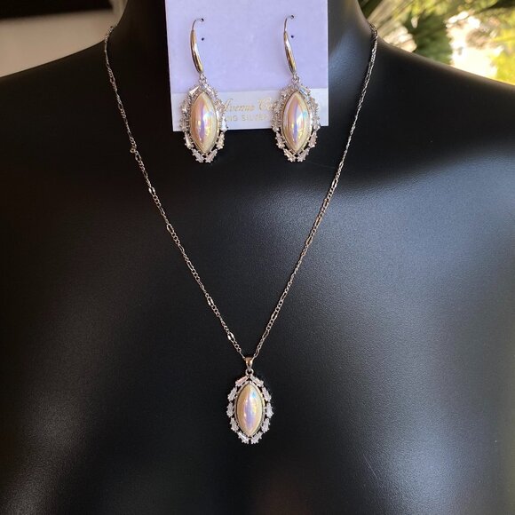 Marquise Faux Pearl Opalescent CZ Necklace & Earrings - Picture 2 of 9